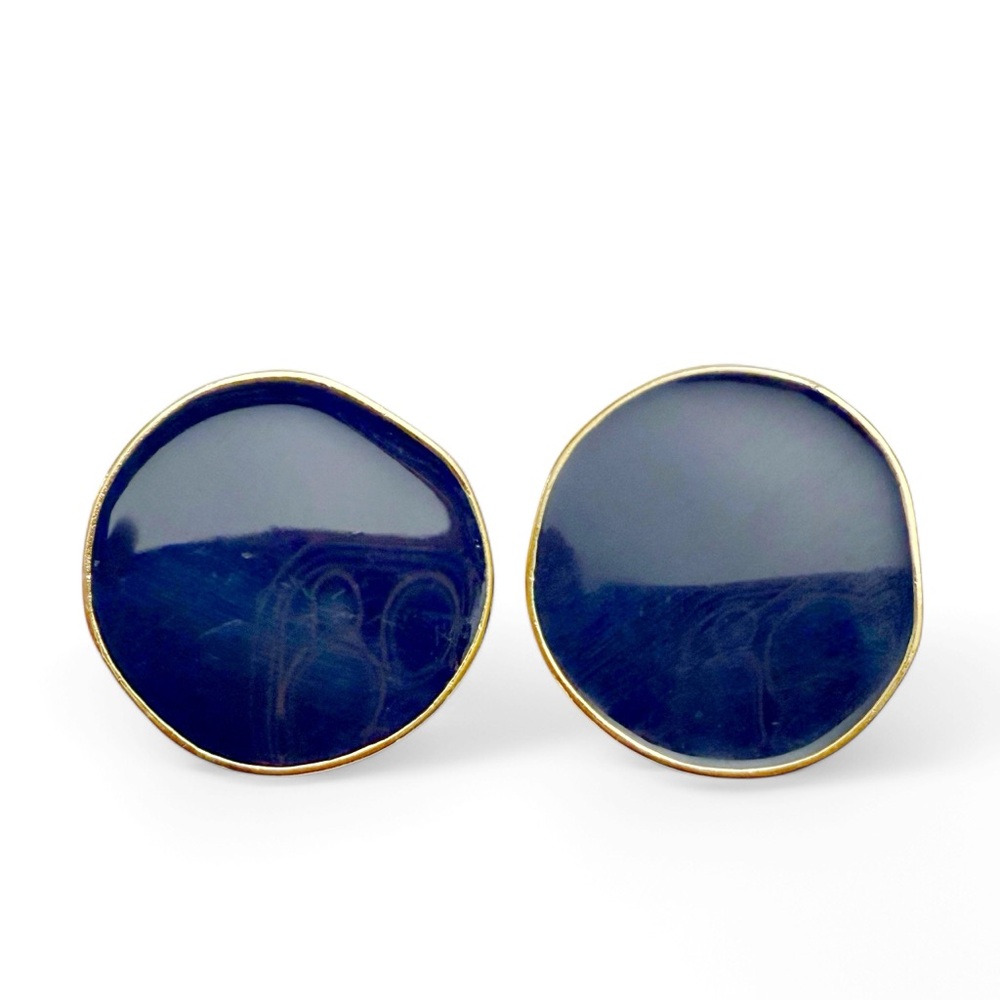 Vintage M. JENT Navy Blue Enamel Sculptural Round Goldtone Clip On Earrings